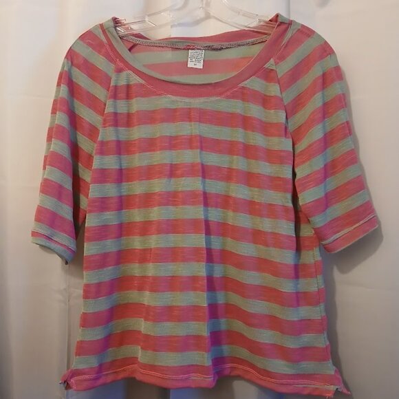 NEW Sheer Super soft Stripe Scoop neck T-shirt womens M Bright pink Gray Raglan - Picture 2 of 8